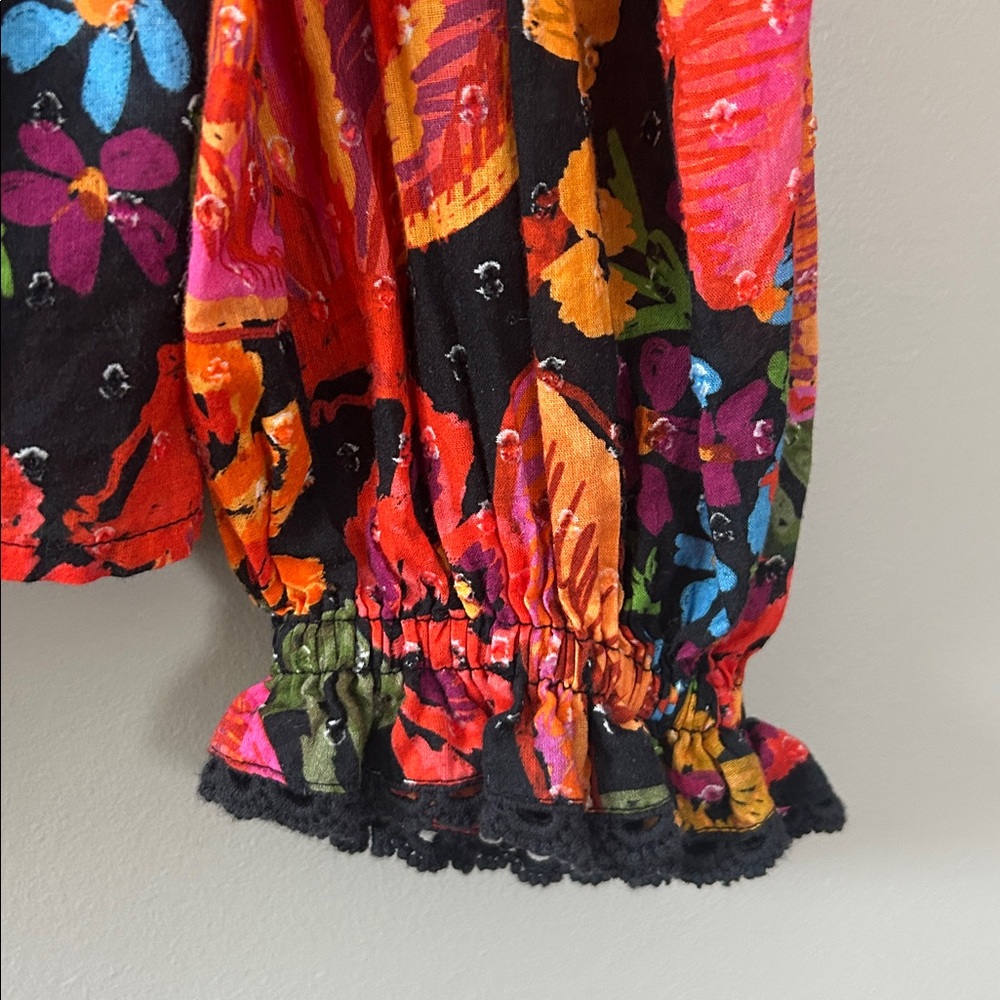 Farm Rio Boho Floral Ruffle Top Size Medium Spring Bananas Flowy Tropical - Picture 4 of 11